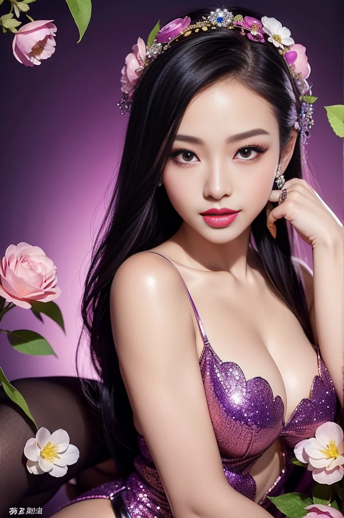 sexy Thai model who controls poison、beautiful smile、lip-gloss、bold lipstick、intense makeup、look at the camera、full body Esbian、、sparkling poisoned flower costume、、、、sparkling Colorful hair、secrete poison、skull hair accessories、sexy tights、shiny sparkling flowers background