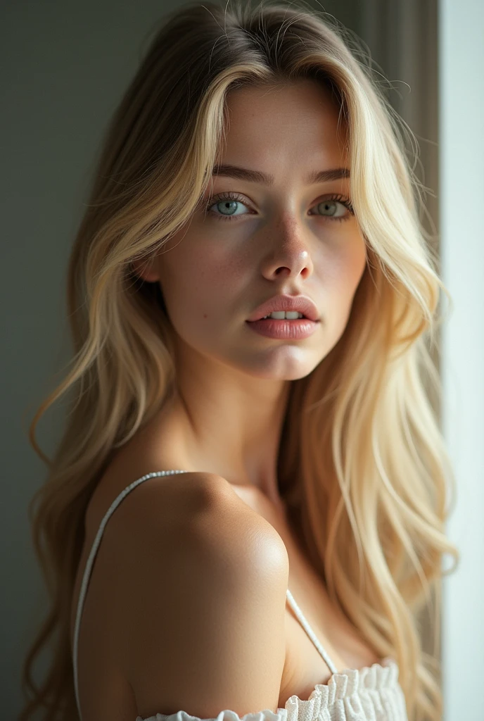 (photorealism: 1.2), 20 year old girl, naked eyes, long blonde hair, intricate details, portrait, realistic, soft lighting, thin, Russian