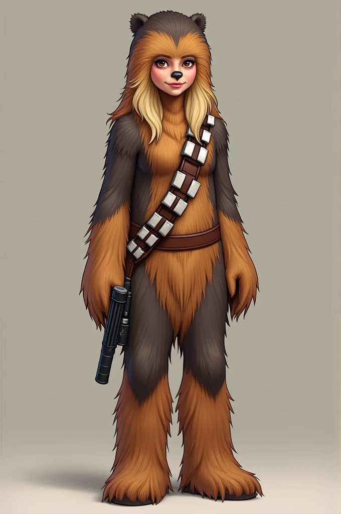 Image d’une jeune femme en personnage Disney blonde aux yeux marrons et de longs cils qui se déguise en chewbacca de star wars
