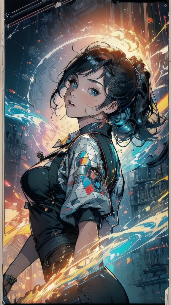 (((masterpiece, highest quality))),(((solo:1.2))),(((1girl:1.2))),32k wallpaper, very detailed, poster, vintage science fiction,(((((geometric cinematic movie poster))))), (bauhaus), shape,(((abstract))),(mid century modern),movie poster,(((((portfolio))))),(((((Close-up))))),(((((bust up))))),((((more various angle)))),(((highlight))),((((heterochromia)))),(((complete. detailed face))),(((Extremely talented))),(((((most complecated machine))))),(((((unlimited mechanic Workaholic))))),(((Absolutely detailed Mighty machines background))),neon light,((((phenomenal dynamic poses))))
