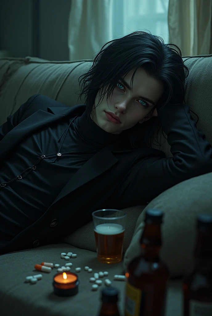 A sexy male with delicate facial features, black long hair, and teal blue eyes with all-black gothic clothes. He is lying on a couch while smoking a cigarette. He looks all gloomy. Beers, wine, and antidepressants spilled everywhere. (Gloomy atmosphere) No facial hair (Mysterious atmosphere) (Unhappy expression) (Male) (Putting the back of his hand on his head.) (Lying on a couch, all gloomy)