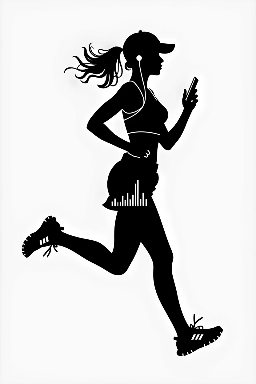 Silhouette Art。PAPERCUT。Solid black。No background。Dynamic Movement。Woman running alone。Holding your phone in your hand。White earphones in ears。A wire is connected to the smartphone in your hand。Wearing large shorts with a white equalizer pattern。Small breasts。A Cup。Right facing。Model body type。White equalizer pattern running shoes。Put on a cap。