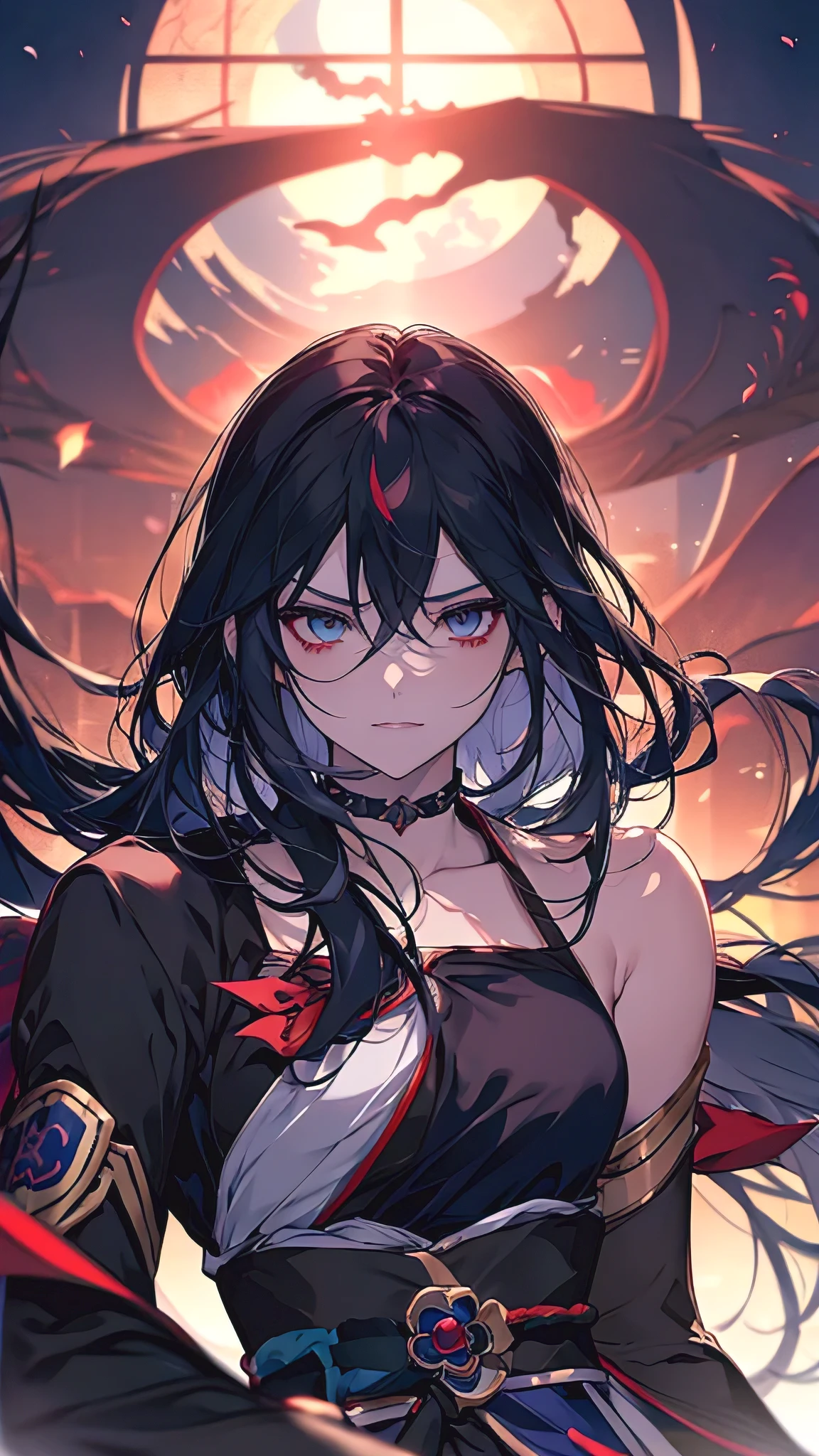Anime character with black hair and blue eyes dressed in black, inspired by Okumura Masanobu, Ryuko Matoi, [[[[Smile mischievously]]]], Shikishi, A charmosa Ryuko Matoi, Gap Moe Yandere Grimdark, yuyushiki, retrato Gap Moe Yandere Grimdark, By Ren