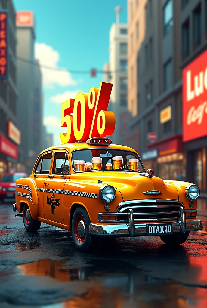 A taxi with a 50 sign% large discount and in several places, Next to it a poster with the name Lucas TnT , The personalized taxi with beers and inside the taxi more notable and large beers