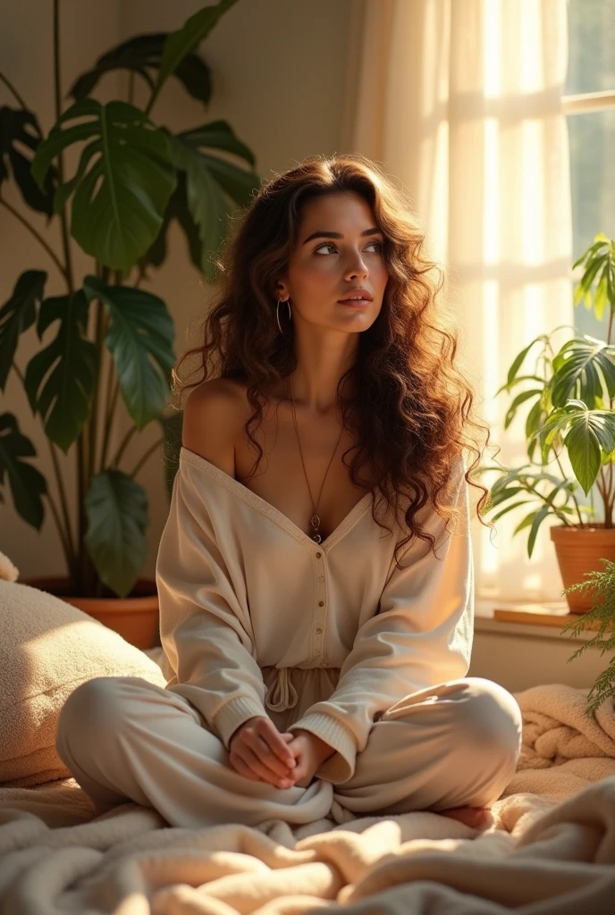 (photorealism:1.2), beautiful woman, sitting on bed, wearing loose off-shoulder top, pajama pants, long curly hair, indoors, soft lighting, plants in background, window with sunlight, cozy room, relaxed pose, realistic, intricate details, warm colors, by Greg Rutkowski, by Alphonse Mucha