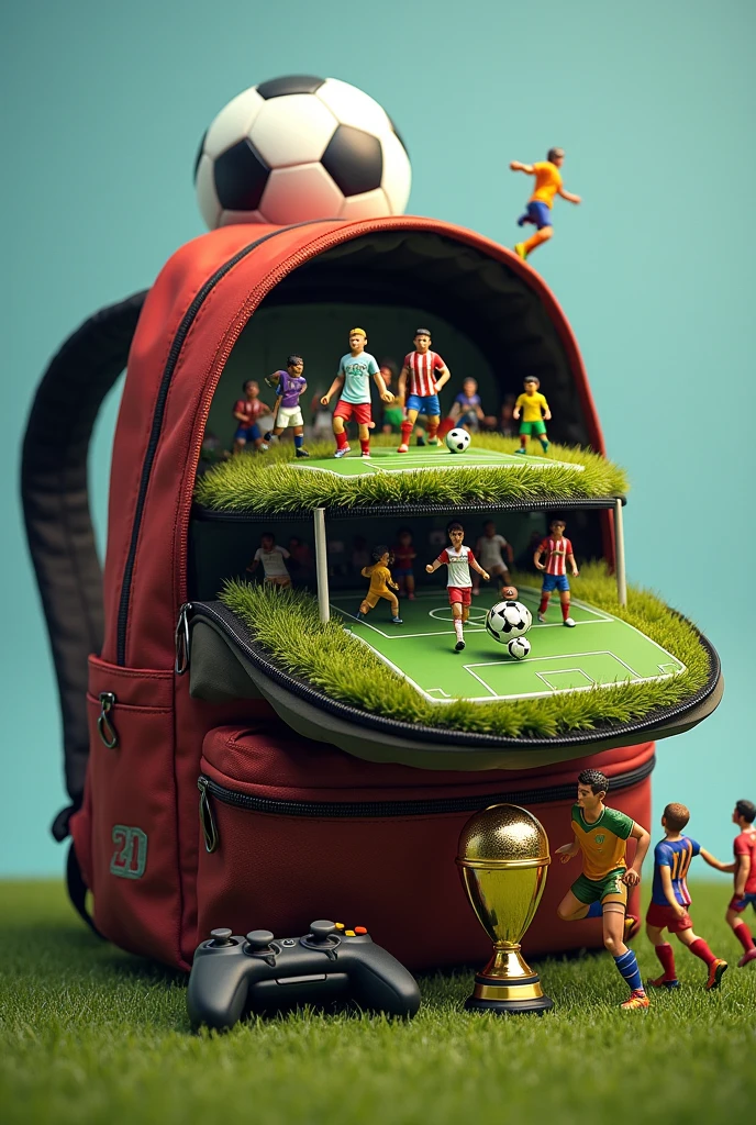 A giant backpack, Just a backpack, almost exploding with things, with a soccer ball coming out halfway.por dentro, you find things exaggerated and chaotic, like a mini soccer field (with grass and everything), a doll of Cristiano Ronaldo and several famous players example: Messi and neymar and Suarez .To finish, a video game controller attached to the backpack, with a cable tangled around a golden trophy that barely fits inside.