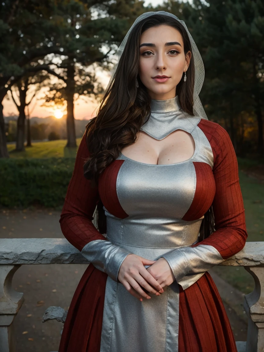Gorgeous and sultry busty athletic (thin) brunette queen with sharp facial features wearing a modest updo, dark red medieval dress, long sleeves, intricate patterns, embroidery, wide neck, crown, veil, long dress, modest dress, tight bodice, (silver waist chain), medieval jewelry, Middle Ages, castle, rampart, wall, exterior, on top of a castle wall, trees, countryside, evening, sunset.