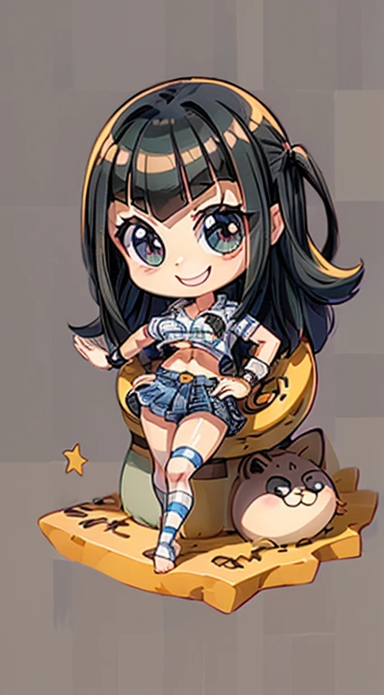 (masterpiece, Highest quality:1.2), Cowboy Shot, alone, One , Very short stature，Thin thighs，Carly Nagisa, Open your mouth, Hands on hips, Long black hair, ((Striped shirt)), ((mini skirt)), Wristband, bedroom,bed, Sitting,smile,Embarrassing ,(Super big breasts),Open shirt,((Show me your boobs)),((Showing nipples)),full body, chibi,