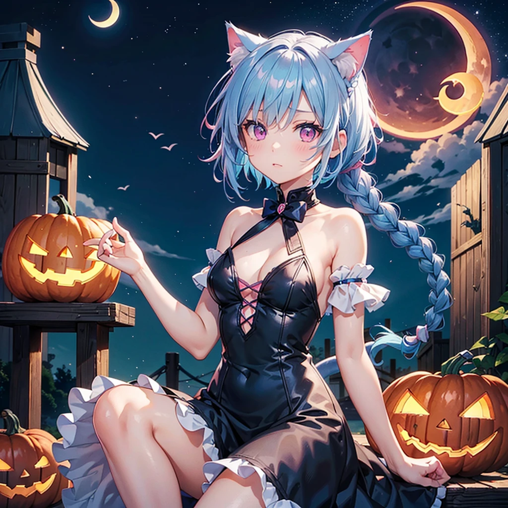 (Sky blue hair),(Braided short hair), (Pink Eyes),Fair skin) ,(whole body),(One Girl),(Crescent Moon),(There are lots of pumpkin ghosts in the background),Cat ear,Cat&#39;s Tail,(Sailor suit),(Ahegao),(Fall into Darkness),If you don't give me sweets, I'll play a prank on you.),Halloween Night Party),(masterpiece, Highest quality, Very detailed, Best Shadow), (Detailed Background), (Beautifully detailed face), High Contrast, (Best lighting, Very delicate and beautiful), ((Cinematic Light)), Hyper Detail,8k, Dramatic Light, Intricate details,night,(Bats flying in the background),Pumpkin handbag,There are sweets in the bag,