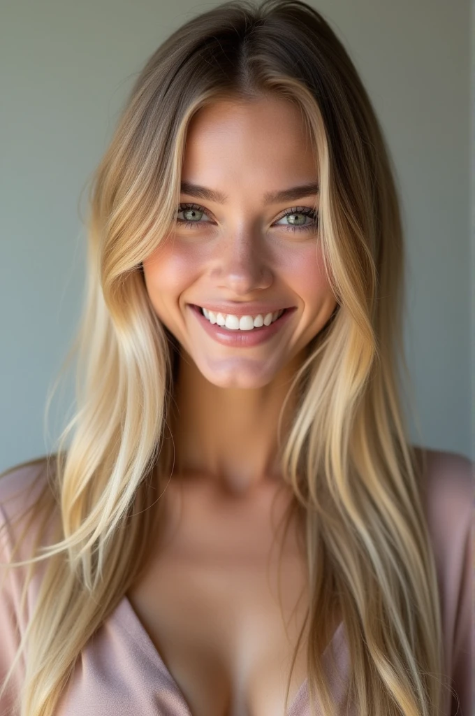 Generate an image of a stunningly attractive Slavic woman, 24 years old, with a dazzling smile, long straight blonde hair, and an Instagram-like aesthetic. She should be looking directly at the camera while standing straight on, facing forward. The image should have a high degree of realism.