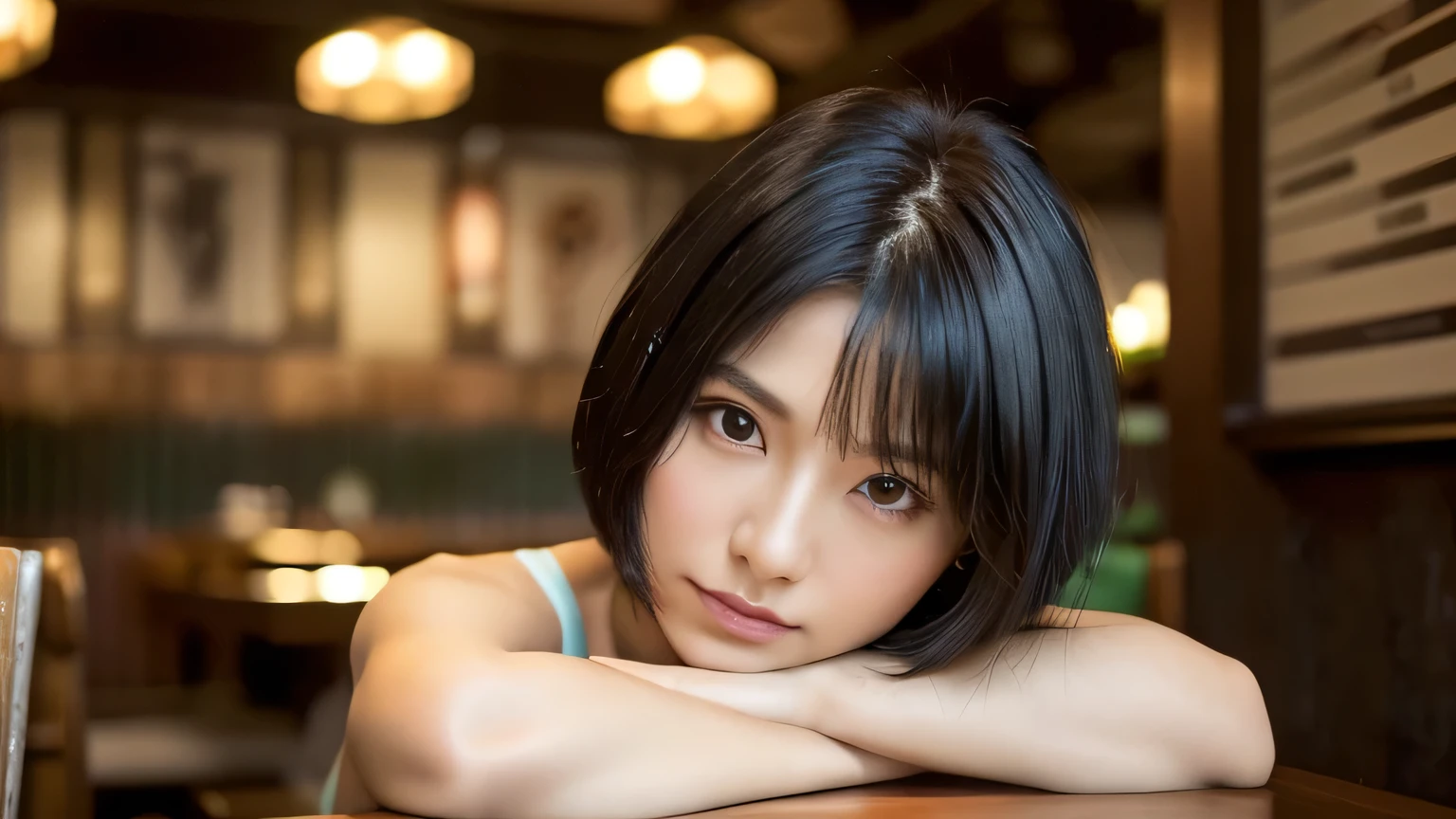 ((Masterpiece,Photo realistic)), (((8k,Best Quality: 1.5))), ((Super Detail: 1.5)) , Cute Woman,Beautiful woman,Japanese,Age 25,((Woman shooting)),Ultra-detailed facial features, sad look face, Detailed Texture, Natural Skin Shader, photograph,(((Full Body))),Ultra-high resolution,Beautiful Japanese women,(((in the restaurant best quality))),Realistic eyes,Brown eyes,Realistic Skin,Golden Ratio,((Black Hair,Bob Hair:1.3,1girl)),Glowing, firm and radiant skin