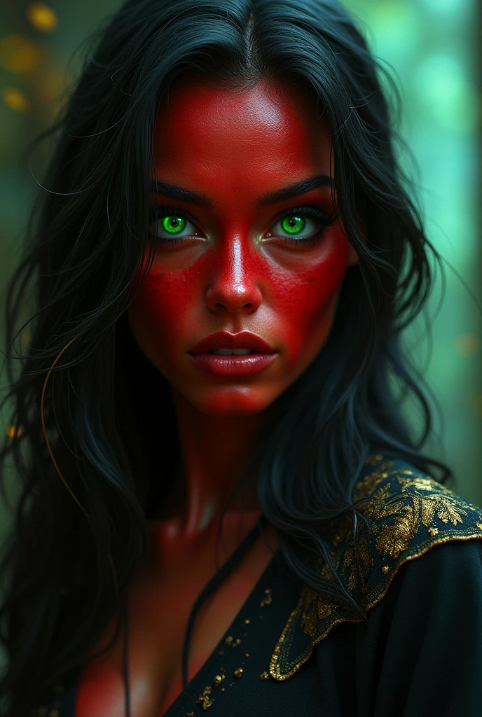 A woman with red skin, a garnet red face, long black hair with a streak of pure gold and long almond-shaped phosphorescent green eyes with black sclerptic in a realistic dark fantasy style, marked cheekbones.