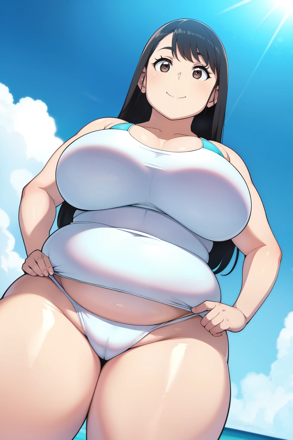 Plump year 21 big breasts black hair brown eyes chubby smile longer hair big breastview cyan swimsuit seen from below
