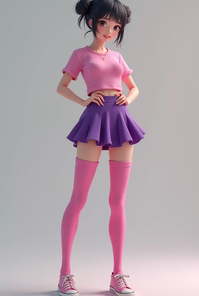 Minnie mouse standing, sexy beautiful face, doe shape eyes, full lips. slim body, breathtaking beauty, vibrant, comprehensive cinematic, 8k, cinematic lighting, best quality, 4k, perfect body, perfect long legs, (white stockings), ((pink outfit)), tiny body, slim body, tiny waist, long brown hair