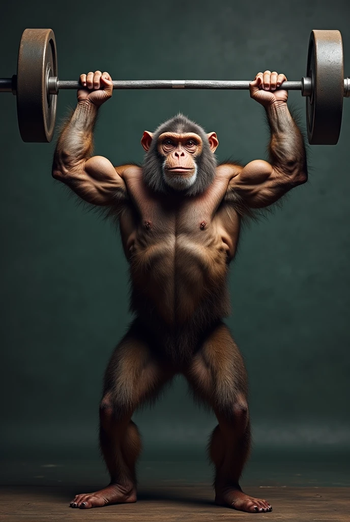 a monkey mixed with human, forte e musculoso, lifting a weighted barbell over your head, He is strong and conveys an image of power
