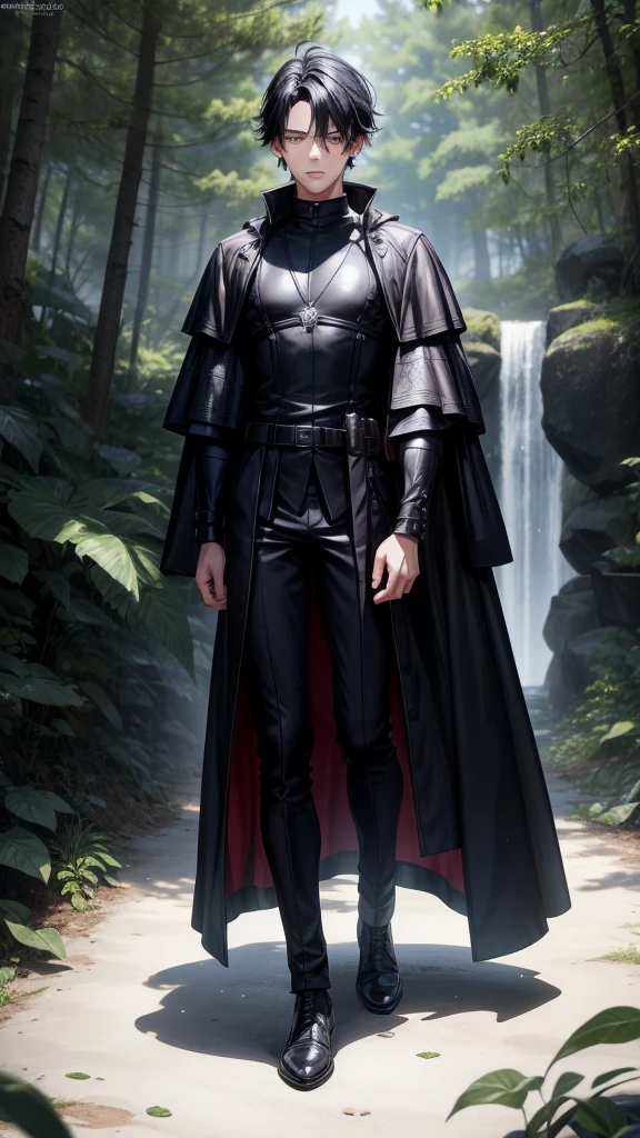 アニメ, 18 year old boy, {Perfect and detailed face},[perfect nose], {Bblack hair}, {[well detailed green eyes]},{asymmetrical eyes}, {visible lips}, {[(full body 5.0)]}, {wearing black medieval leather clothing},{facing the front, looking at camera}, {at a forest}

{8k image}, {128k ultra resolution}, {ultra quality 128k}, {128k high quality sharpness}
