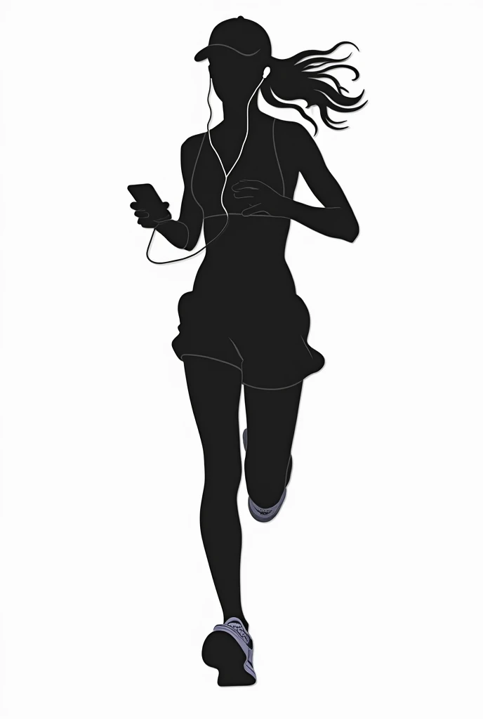 Silhouette Art。Paper Cut。Solid black。No background。Dynamic Movement。Woman running alone。Holding a mobile phone。White earphones in ears。Wires are connected to a smartphone in a hand。Wearing large white equalizer shorts。Small breasts。cup。Right facing。Model body type。White Pattern Running Shoes。Wear a hat。