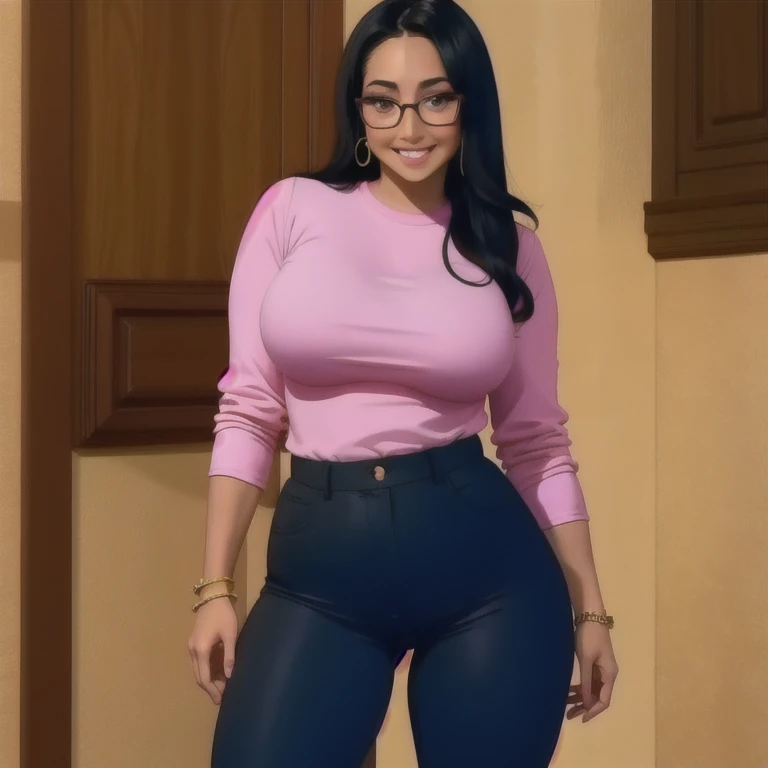 beautiful detailed, cute face, , medium black hair, black hair over one eye, glasses, long sleeve T-shirt, long pants, pearshaped wide hips, thick thighs, solo, voluptuous breasts,