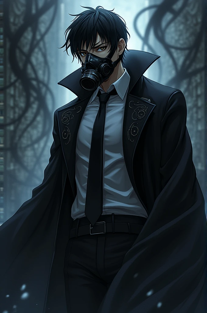 create an anime character,that he is wearing a black gas mask and a dress shirt with a black tie and a black overcoat and he has the power to control darkness as if they were flames of darkness.