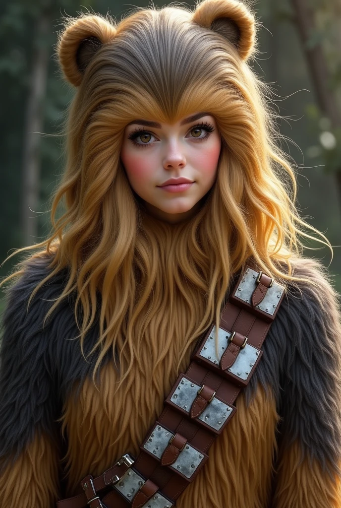Image d’un visage  d’une jeune femme en personnage Disney blonde aux yeux marrons et de longs cils qui se déguise en chewbacca de star wars 