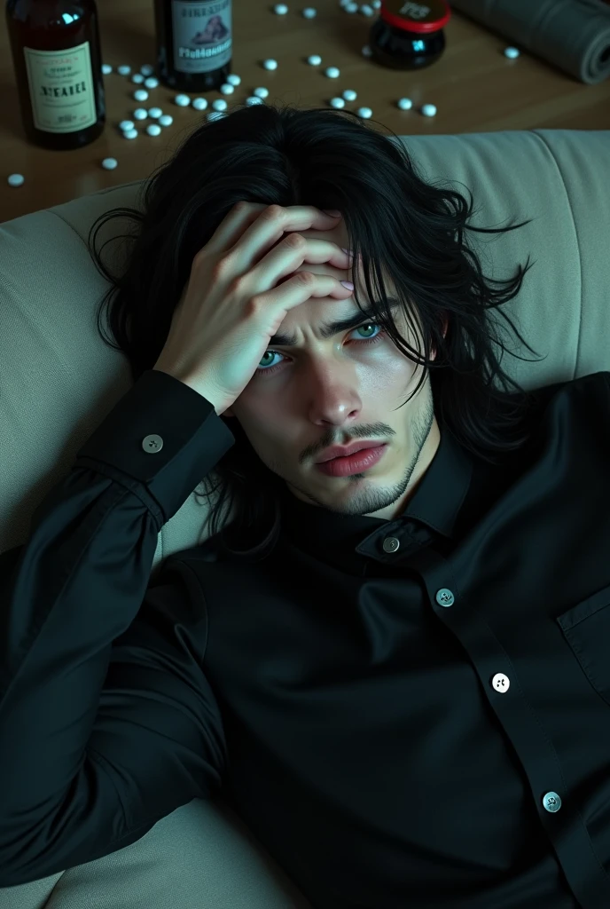 A sexy male with delicate facial features, black long hair, and teal blue eyes with all-black gothic clothes. He is lying on a couch while smoking a cigarette. He looks all gloomy. Beers, wine, and antidepressants spilled everywhere. (Gloomy atmosphere) No facial hair (Mysterious atmosphere) (Unhappy expression) (Male) (Putting the back of his hand on his head.) (Lying on a couch, all gloomy)