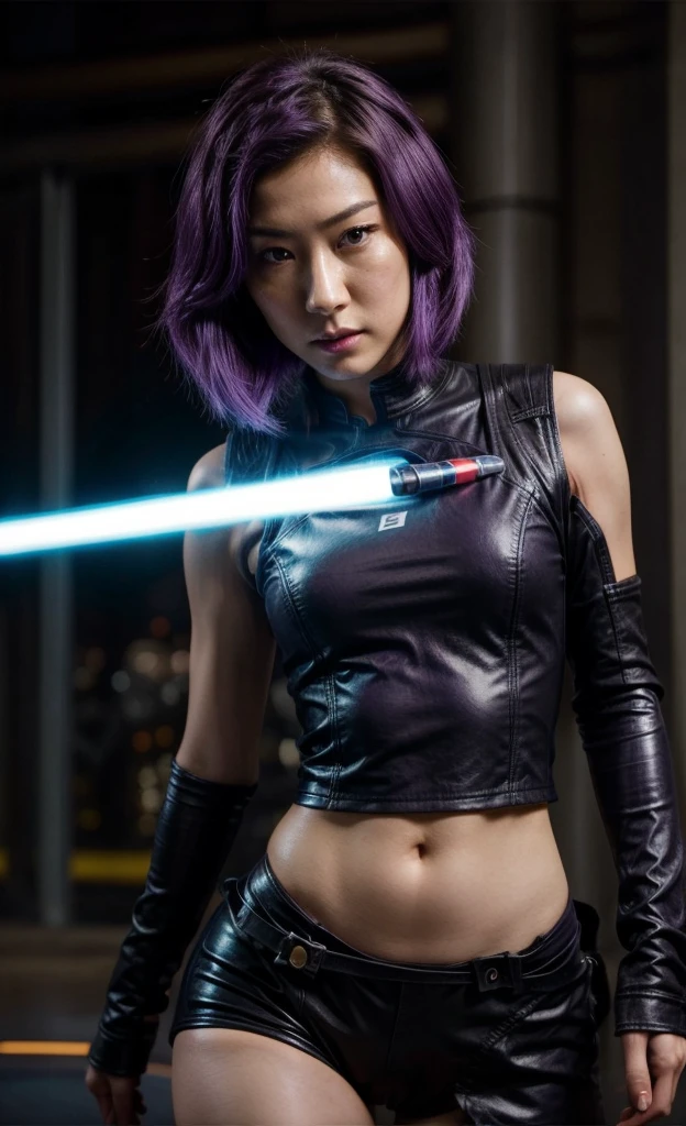Natasha Liu Bordizzo as Sabine Wren, neckline, expressive eyes, focus on eyes, lightsaber, straight purple hair, NSFW