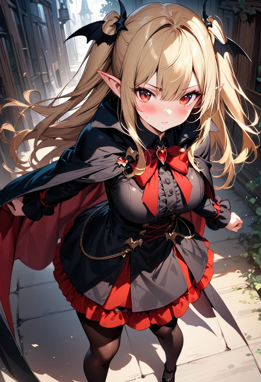 (masterpiece),(best quality),(ultra-detailed),(best illustration),(best shadow),(absurdres),(detailed background),(very aesthetic), 1girl, solo, blonde-hair, red-eyes, pointy-ears, looking-at-viewer, long-hair, pantyhose, vampire, dress, two-side-up, black-pantyhose, hair-ornament, black-dress, cape, bat-hair-ornament, standing, long-sleeves, blush, thick thighs, frills, black-cape, closed-mouth, short-dress, floating-hair,
