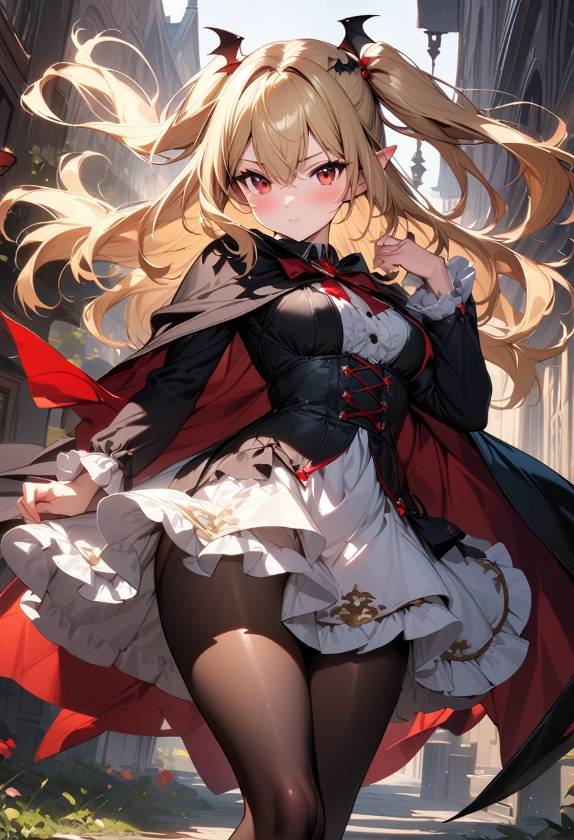 (masterpiece),(best quality),(ultra-detailed),(best illustration),(best shadow),(absurdres),(detailed background),(very aesthetic), 1girl, solo, blonde-hair, red-eyes, pointy-ears, looking-at-viewer, long-hair, pantyhose, vampire, dress, two-side-up, black-pantyhose, hair-ornament, black-dress, cape, bat-hair-ornament, standing, long-sleeves, blush, thick thighs, frills, black-cape, closed-mouth, short-dress, floating-hair,
