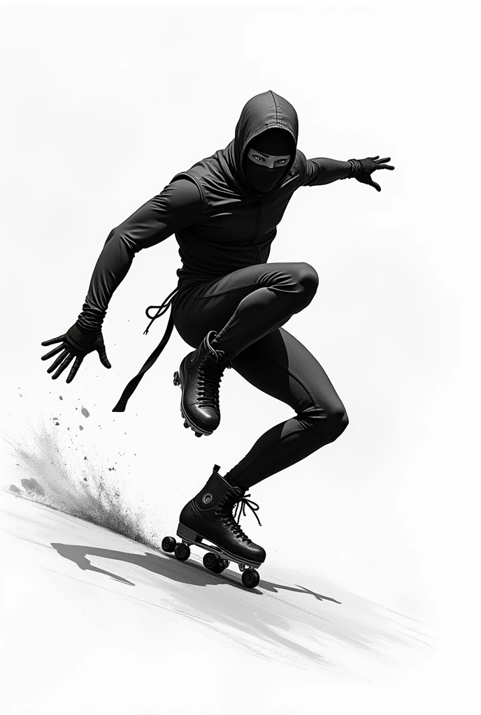 BLACK AND WHITE DRAWING OF A NINJA ON SKATES FROM THE SIDE
