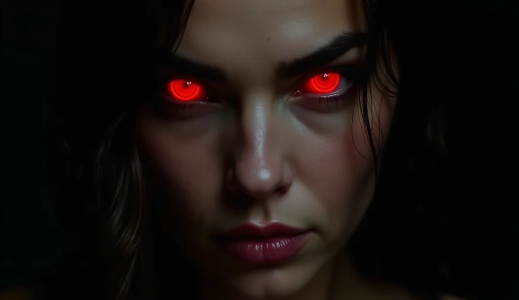 Create an image focused entirely on a woman's eyes with a penetrating and mysterious gaze. Your eyes should have an intense red iris, emanating a subtle glow that suggests power and mystery. The skin around the eyes is smooth, with arched eyebrows that add an expression of strength and determination. The background must be dark, quase negro, to further enhance the contrast with the bright eyes. The light should be soft, just subtly illuminating the facial features, creating an enigmatic and engaging atmosphere. With 3D lines