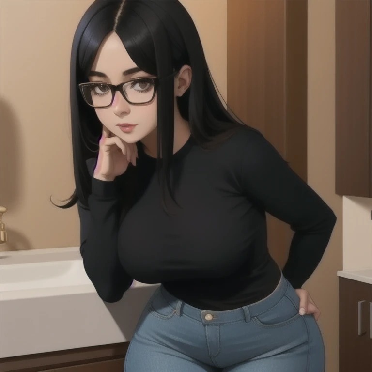 beautiful detailed, cute face, , medium black hair, black hair over one eye, glasses, long sleeve T-shirt, long pants, pearshaped wide hips, thick thighs, solo, voluptuous breasts,
