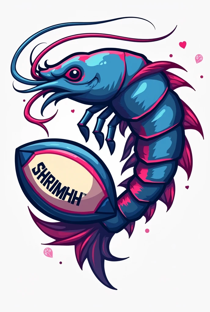 You could act as an expert in illustration and design and create the logo for a rugby club called Shrimps where its visual elements make direct reference to the name of the club.. The elements would be a shrimp, ball in blue and magenta color
