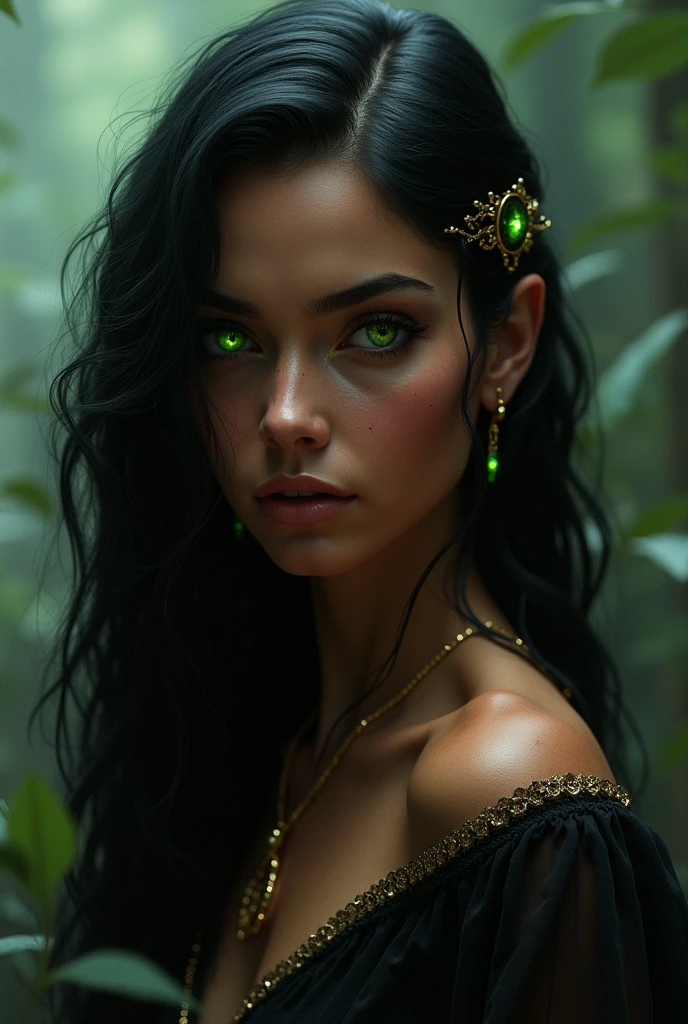 A woman with red skin, Latin features, long black hair with a streak of pure gold and long phosphorescent green almond eyes with black sclerptic in a realistic dark fantasy style, marked cheekbones.