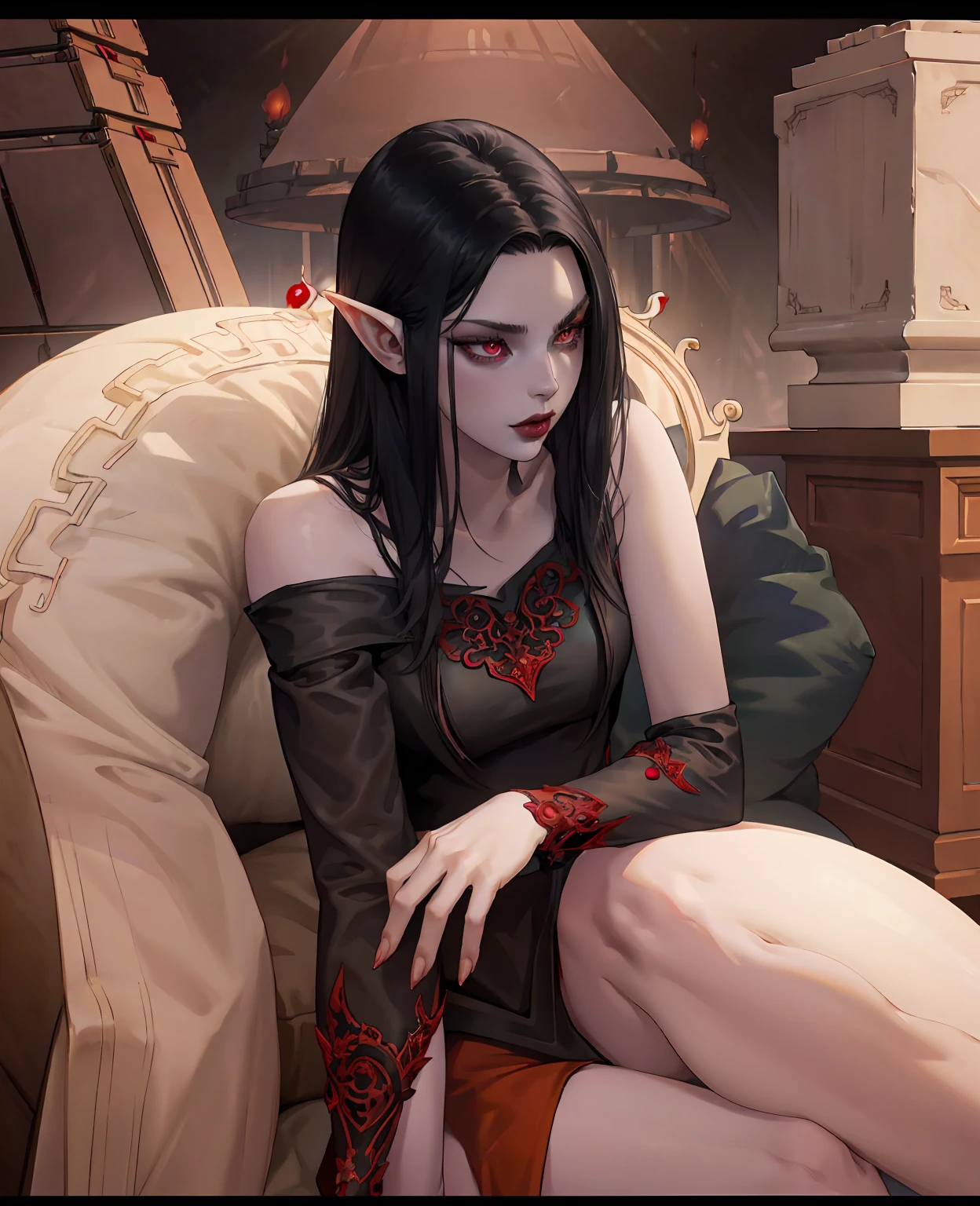 a devilish woman with black hair, pale skin, and red eyes, wearing an elf-like costume, in a dark and mysterious setting, 1girl, dark fantasy, dark magic, dark atmosphere, cinematic lighting, dramatic shadows, highly detailed, hyperrealistic, octane render, 8k, masterpiece, intricate details, photorealistic, digital painting, concept art