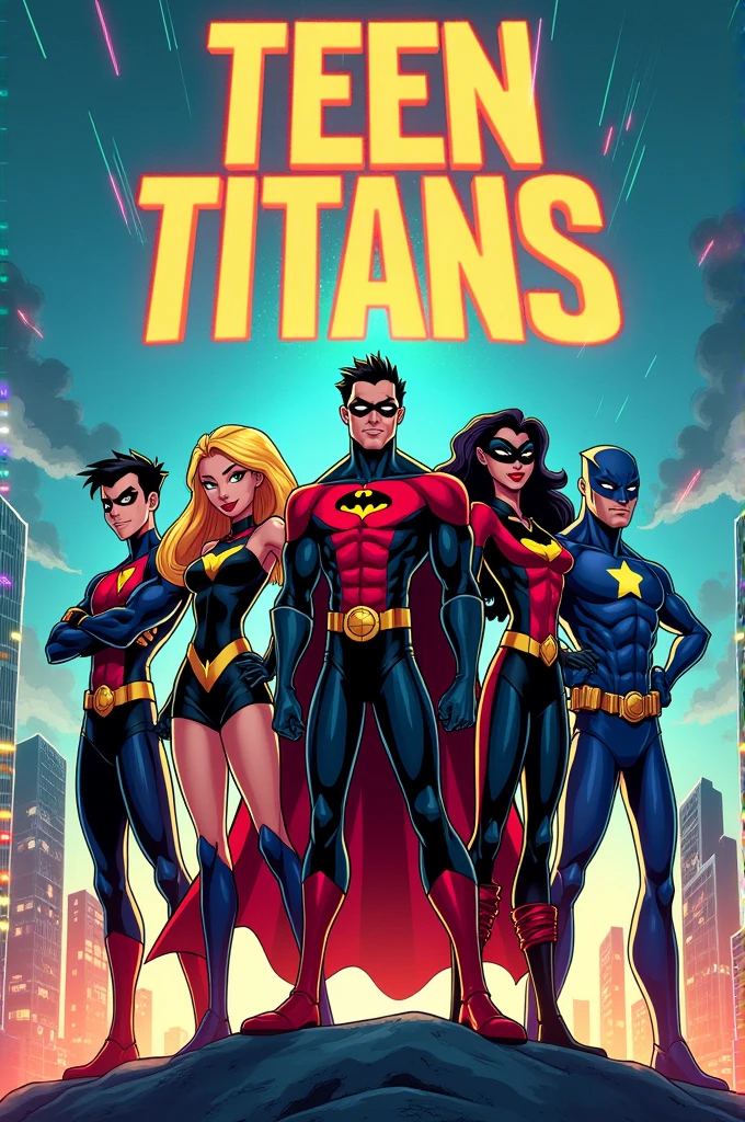 A picture of the Teen Titans group with the group's name written in English