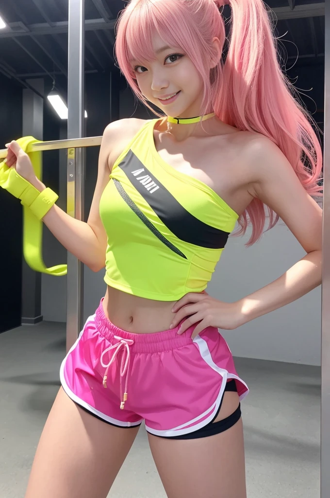 Tall sporty Japanese model、bright smile、、、whole body、very long stylish hair、、、dramatic pose、Good style、、、、、、、、Fluorescent pink and yellow tight shorts costume、strapless top、、Pink Blonde Hair、、、cyber belt、large very detailed training gym background