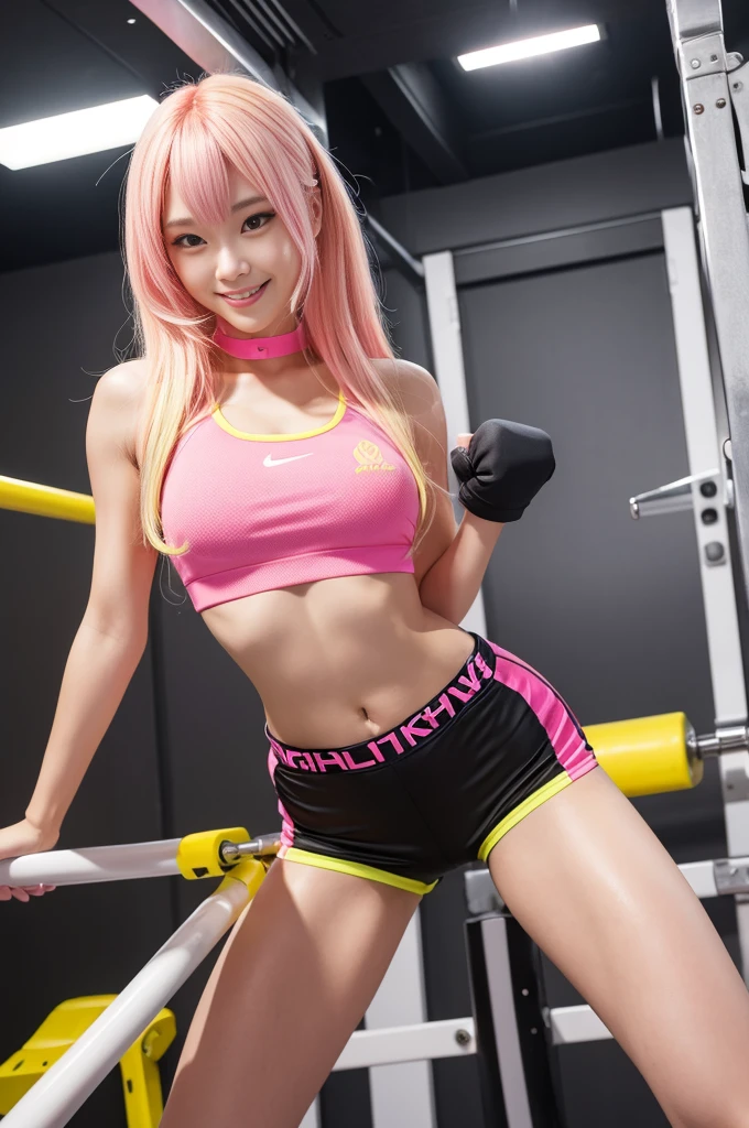 Tall sporty Japanese model、bright smile、、、whole body、very long stylish hair、、、dramatic pose、Good style、、、、、、、、Fluorescent pink and yellow tight shorts costume、strapless top、、Pink Blonde Hair、、、cyber belt、large very detailed training gym background