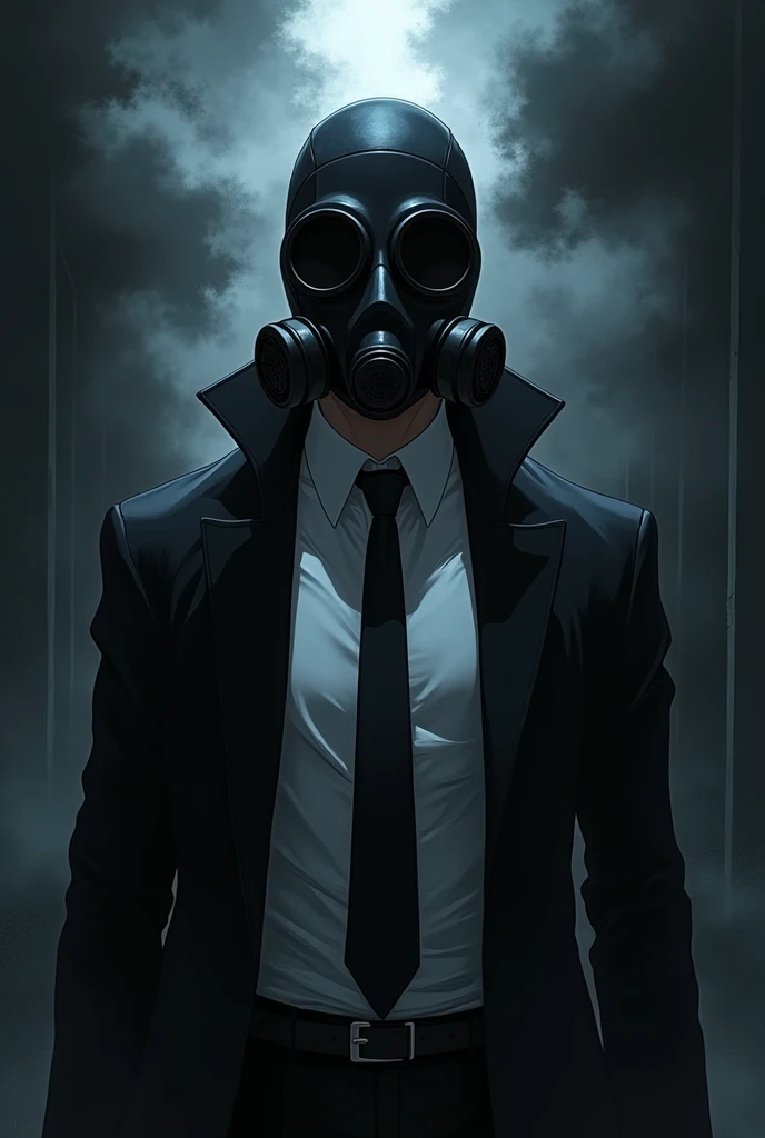 create an anime character ,that he is wearing a black gas mask that covers his entire head and a dress shirt with a black tie and a black overcoat and he has the power to control darkness as if they were flames of darkness.