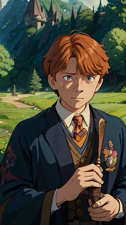 (1man, ron weasley), (extremely detailed CG unit 8k wallpaper),(master part), (best quality), (ultra detail), (best illustration),(ghibli style), cowboy shot, (Sharp eyeliner, ombre, detail eyes:1), Hogwarts, outdoors background, ,break , (fairytaleai), upper body, 