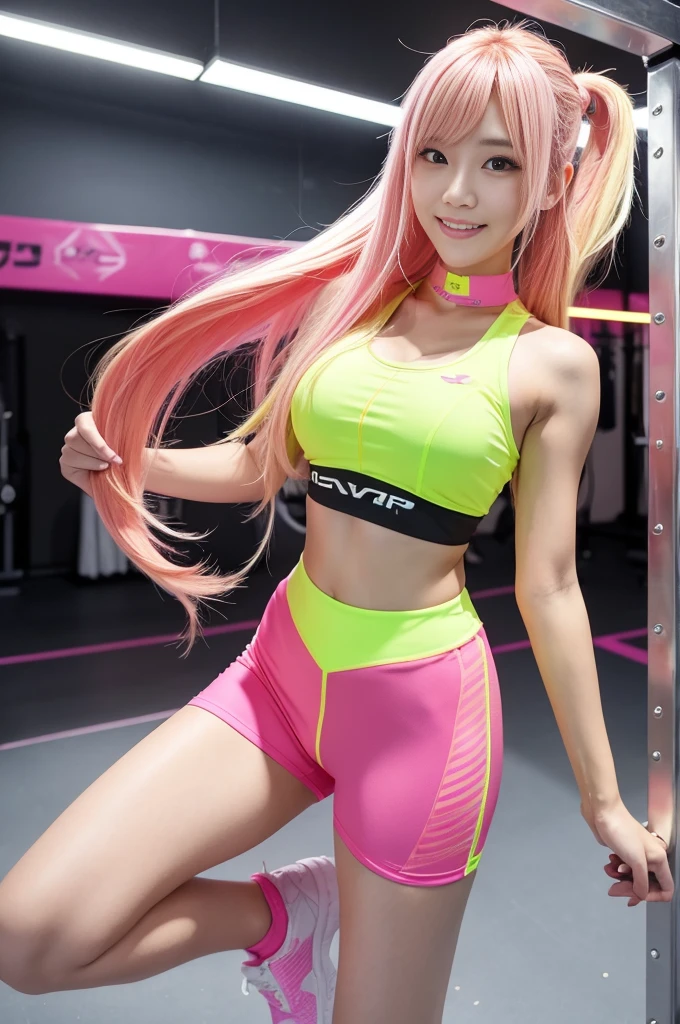 Tall sporty Japanese model、bright smile、、、whole body、very long stylish hair、、、dramatic pose、Good style、、、、、、、、Fluorescent pink and yellow tight shorts costume、strapless top、、Pink Blonde Hair、、、cyber belt、large very detailed training gym background