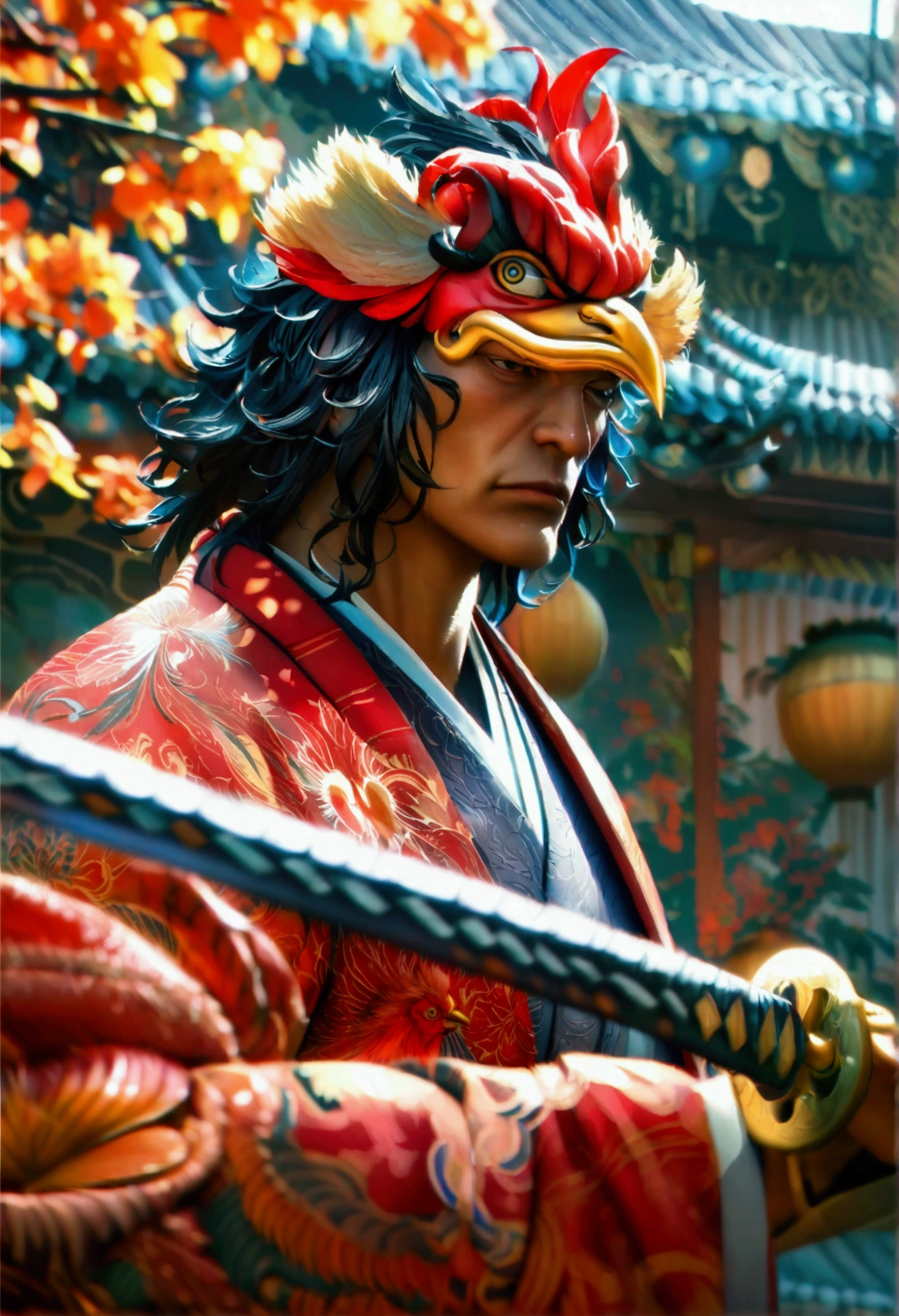 Rooster Man, wearing a red kimono, looking angry, katana at his waist, "Intricate anime character design inspired by One Piece, stunning lighting, stunning focus, stunning face, creative details, ultra-fine 2D design, scenery bathed in creativity, boasting 2D anime resolution clarity, 4K, high resolution, incredible resolution, high-octane rendering"