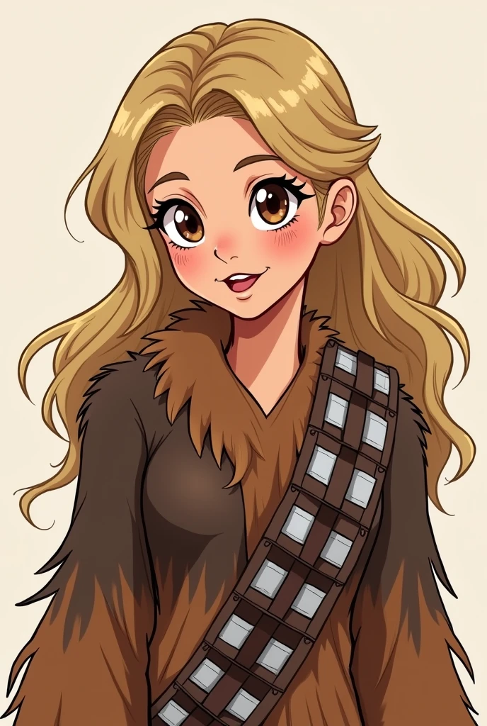 Image d’une photo de profil d’une jeune femme en personnage Disney blonde aux yeux marrons et de longs cils, ronde qui se déguise en chewbacca de star wars