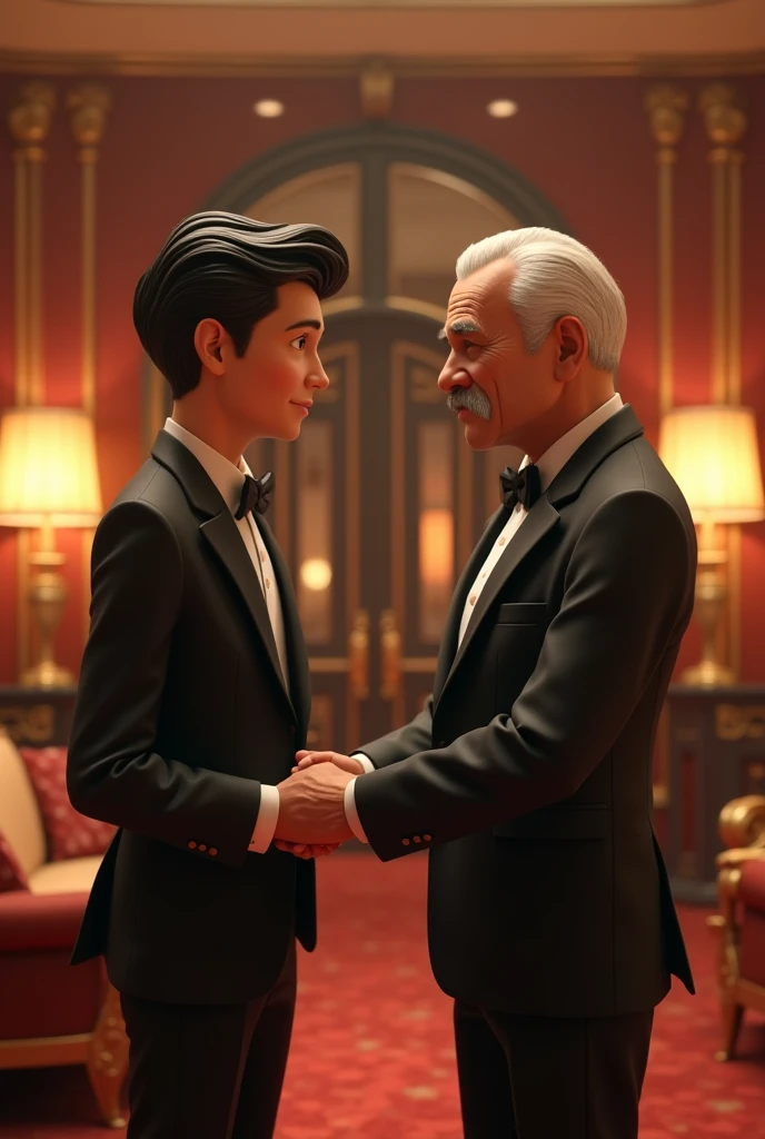 A handsome guy talking to his father at fancy house, pixar style, 3d , high-aesthetic, cinematic, masterpiece