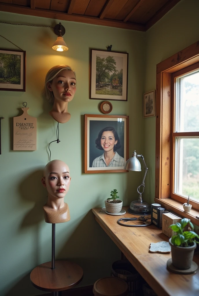 A human taxidermy studio in rural Japan、Old photos on the wall、The photo was of the taxidermist and a young woman smiling together.、It was pinned to the wall of the workshop.