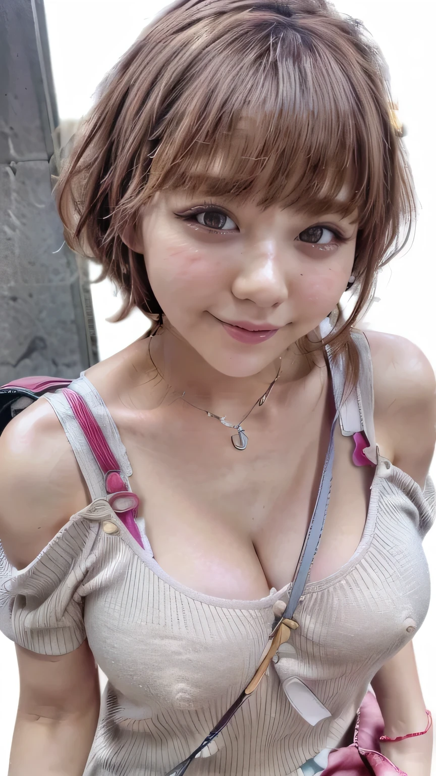 (Girls doing paisura on Tokyo street、17 years old)、(Realistic、Like a photograph、Live Action、8k, Realistic, RAW Photos, Best image quality: 1.4), Single-lens reflex camera、RAW Photos, Highest quality, Realistic, Very detailed CG Unity 8k wallpaper, Written boundary depth, Cinematic Light, Lens flare, Ray Tracing, Realistic background、(White dress、(The strap of the shoulder bag passes between the chest:1.5、paisla:1.5))、((Ultra-dense skin))、Cute Japan Girl、((whole body:1.5)，smile、short hair:1.2、Silver Hair、I like that style、stylish、Very detailed、Pay attention to the details、Perfect outfit、(Sunburned skin)、Beautiful legs:1.1，Accurate body、Anatomically correct body、Detailed feet、Accurate fingering、Super detailed face、View from above