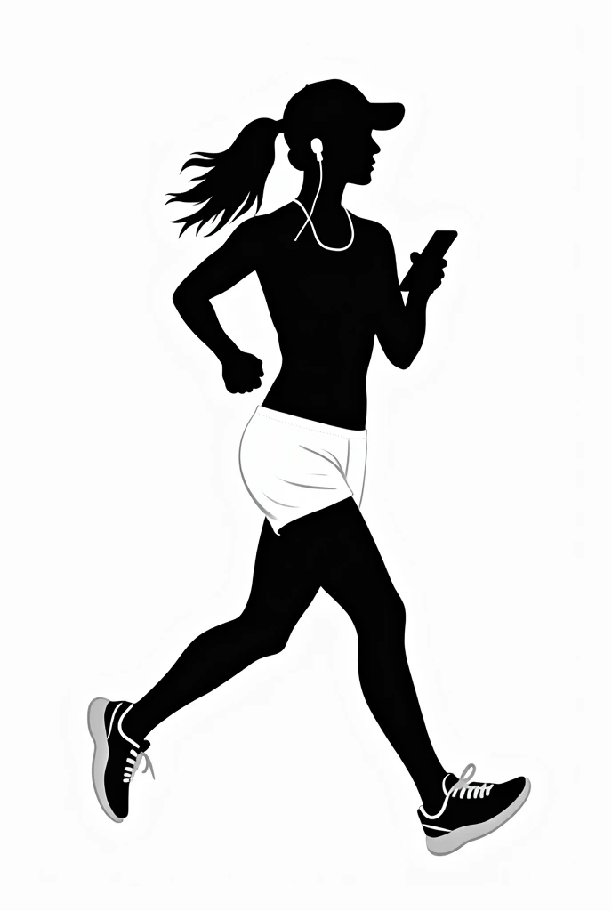 minimalist silhouette art, papercut style, monochrome black, no background, dynamic movement, 1 woman running alone, holding smartphone, wearing white earbuds connected to phone, wearing large white patterned running shorts, build, A-cup breasts, facing right, model physique, wearing white patterned running shoes, wearing cap