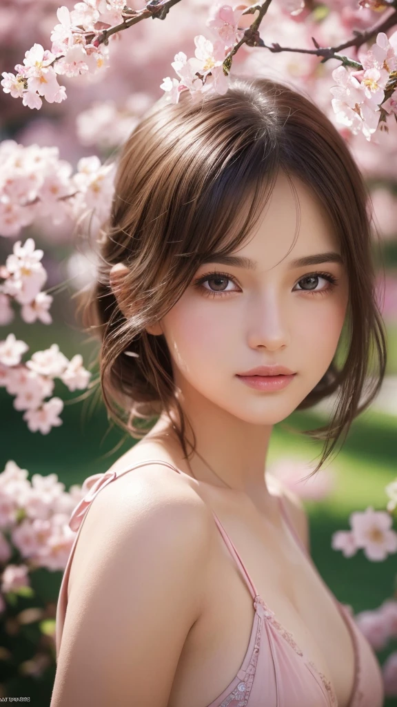 a beautiful girl in a pink bikini, beautiful detailed eyes, beautiful detailed lips, extremely detailed eyes and face, long eyelashes, figure, cute facial expression, holding a flower, standing in a lush garden with cherry blossoms, (best quality,4k,8k,highres,masterpiece:1.2),ultra-detailed,(realistic,photorealistic,photo-realistic:1.37),vibrant colors,warm lighting,cinematic composition,highly detailed scenery,digital painting,elegant,soft focus,romantic