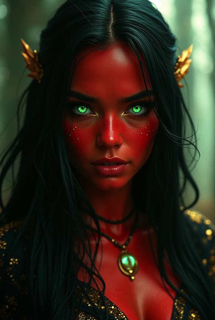 A woman with red skin,and face red Latin features, long black syraight hair with a streak of pure gold and long phosphorescent green almond eyes with black sclerptic in a realistic dark fantasy style, marked cheekbones.