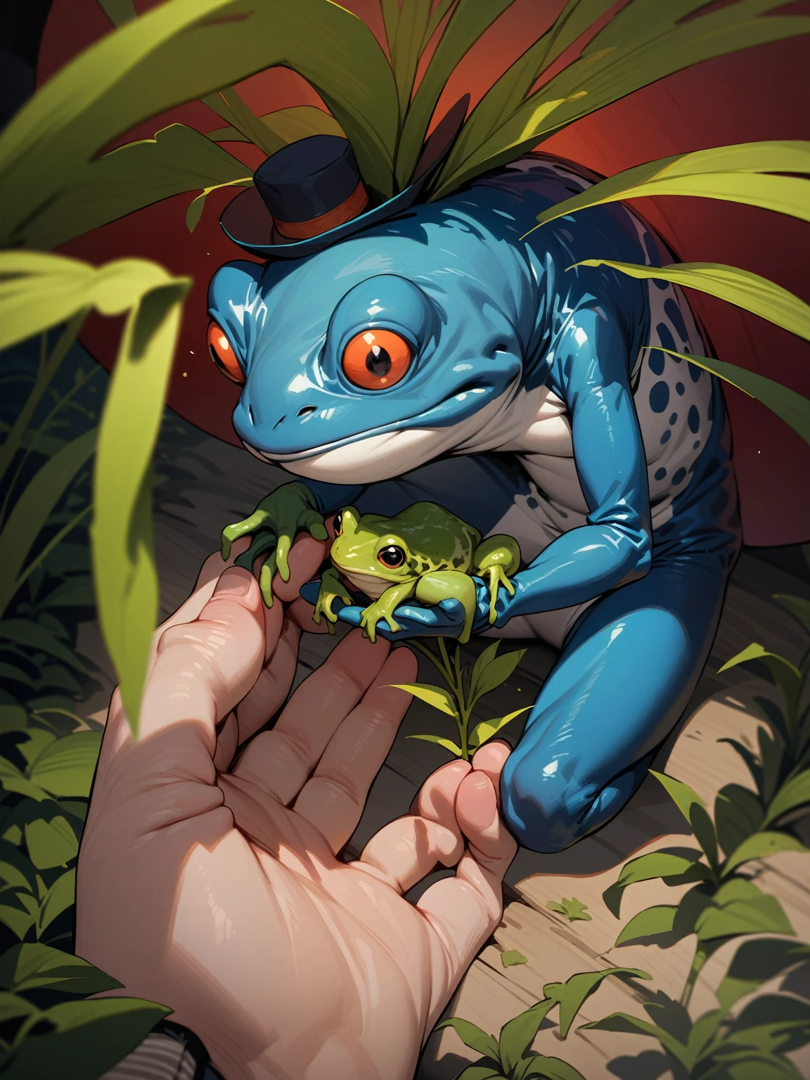 ((best quality)) , ((masterpiece)) , (detailed),There is a frog wearing a hat,And a tall hat,Holding a plant in his hand
