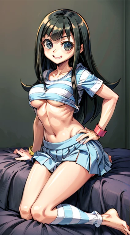 (masterpiece, Highest quality:1.2), Cowboy Shot, alone, One , Very short stature，Little，Thin thighs，Carly Nagisa, Open your mouth, Hands on hips, Long black hair, ((Striped shirt)), ((mini skirt)), Wristband, bedroom,bed, Sitting,smile,Embarrassing ,(Super big breasts),Open shirt,((Show me your boobs))，full body, chibi,